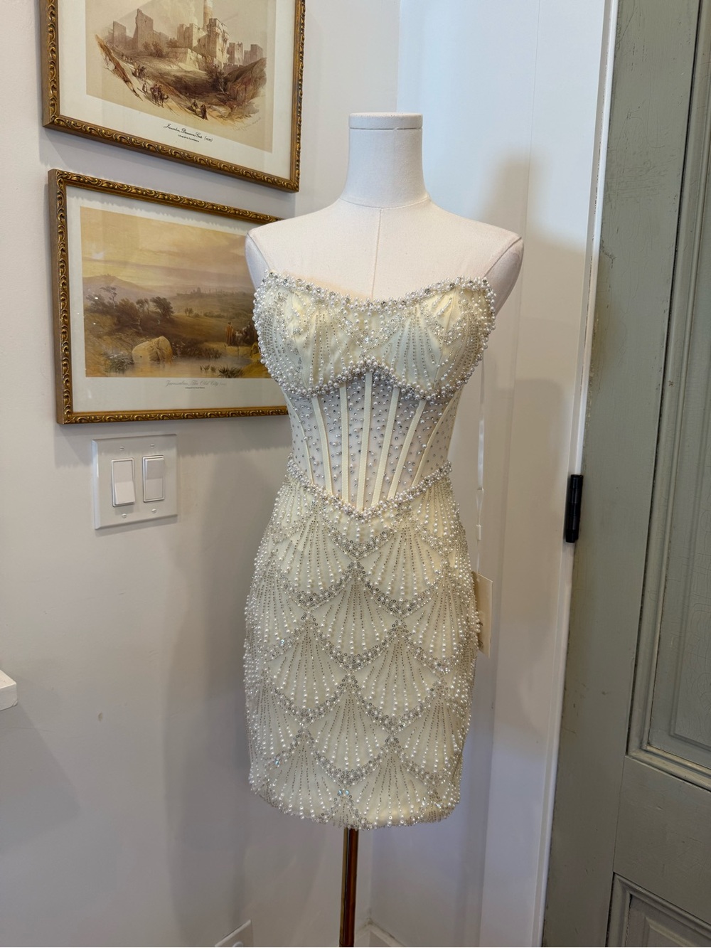 NWT Strapless Ivory Pearl-Embellished Mini Dress - Picture 9 of 10